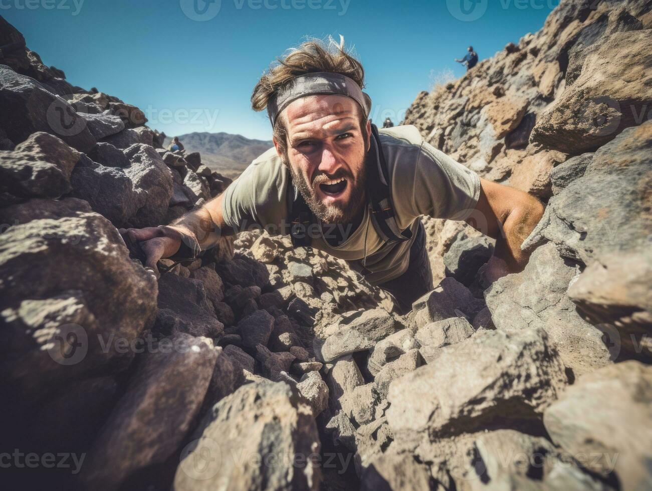 determinato uomo si arrampica un' ripido montagna pista ai generativo foto