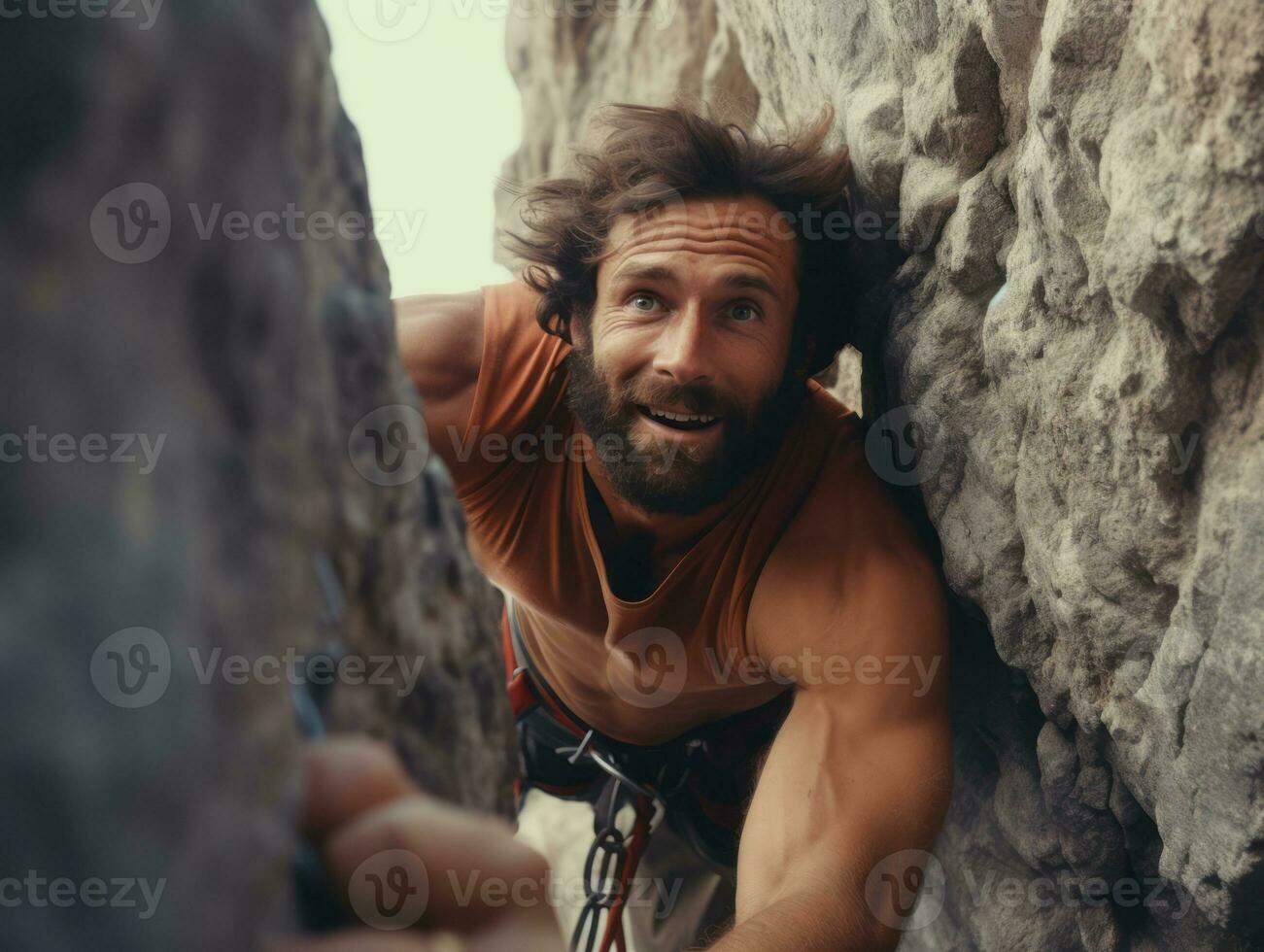 determinato uomo si arrampica un' ripido montagna pista ai generativo foto