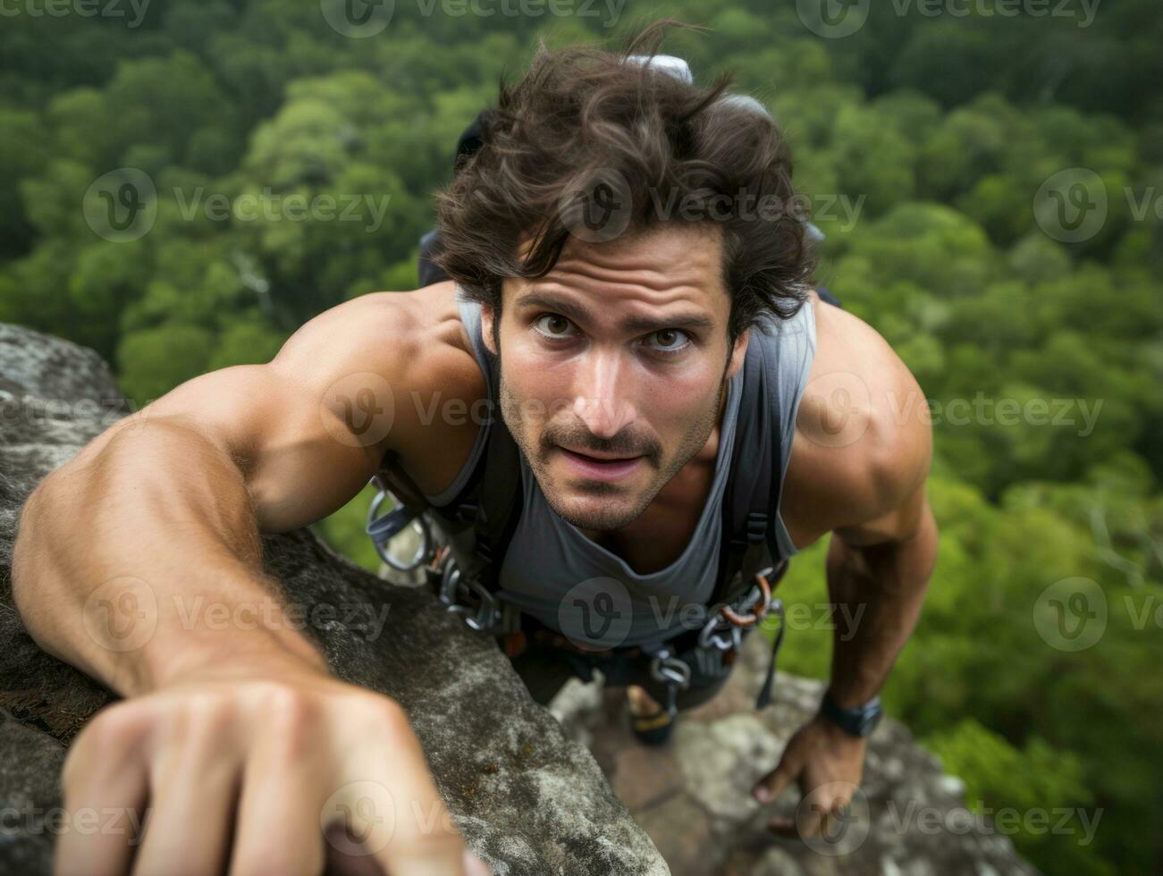 determinato uomo si arrampica un' ripido montagna pista ai generativo foto