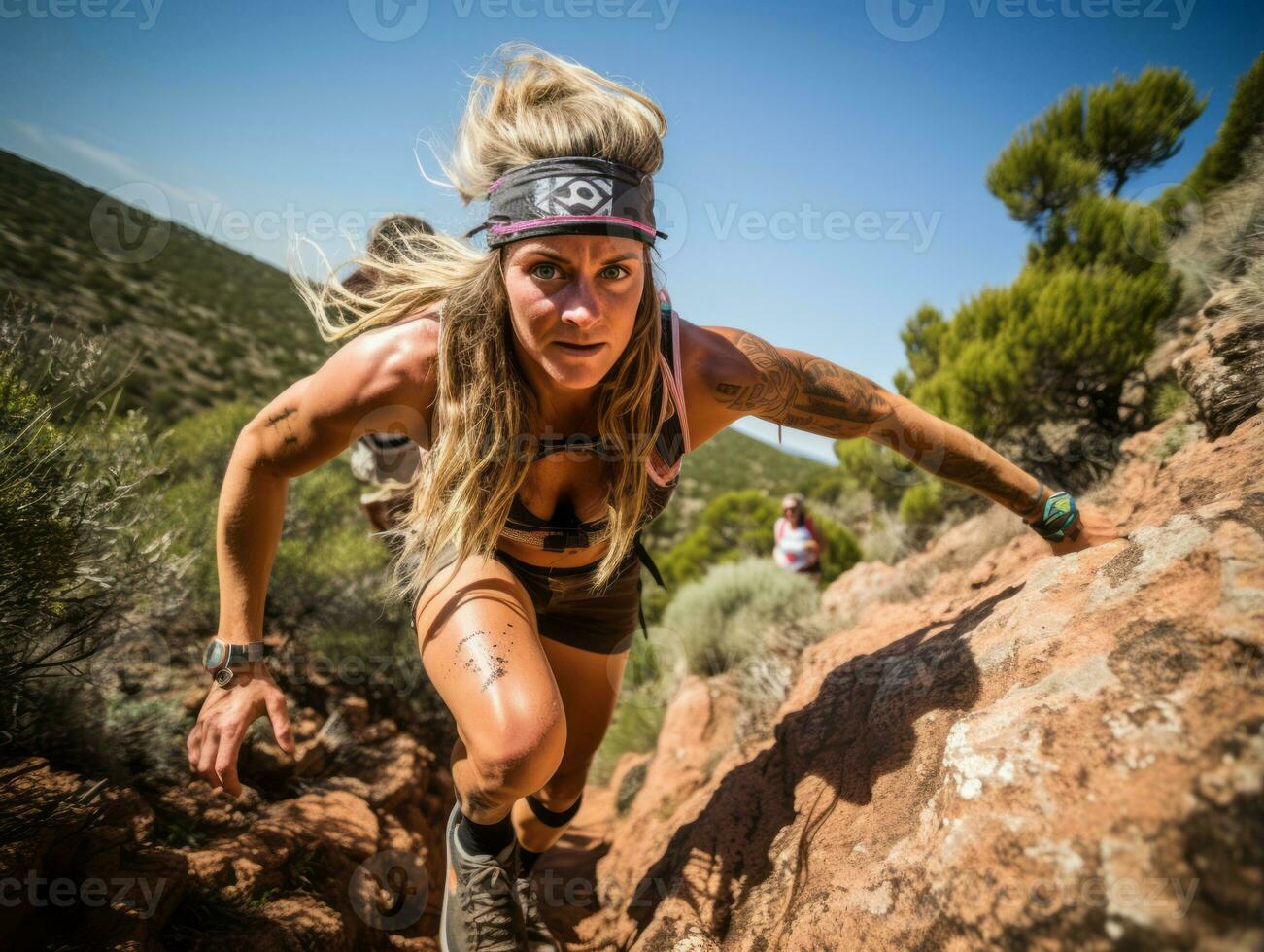 determinato donna si arrampica un' ripido montagna pista ai generativo foto