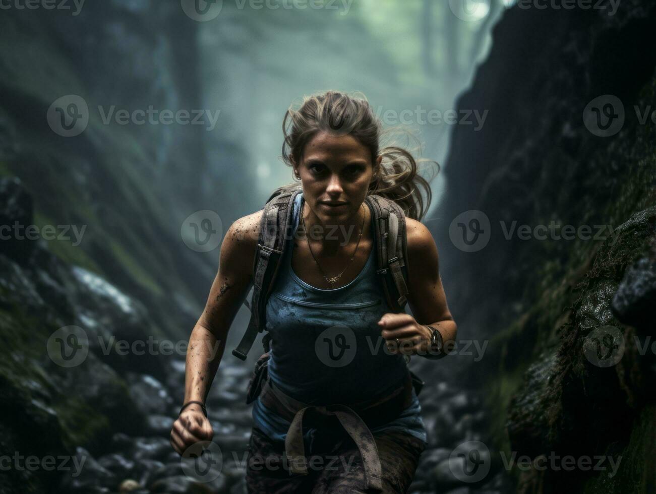 determinato donna si arrampica un' ripido montagna pista ai generativo foto