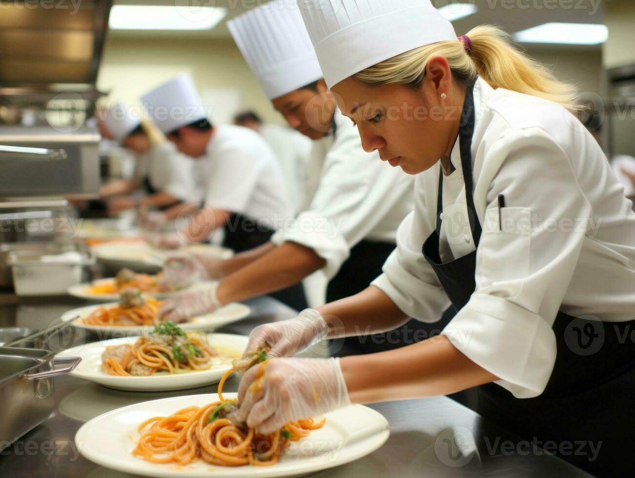 femmina capocuoco crea culinario capolavori nel un' vivace cucina ai generativo foto