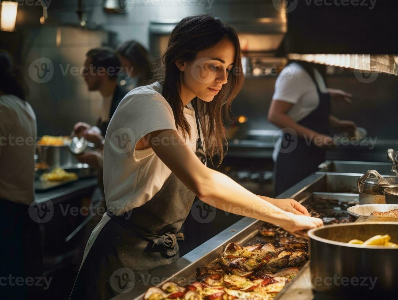 femmina capocuoco crea culinario capolavori nel un' vivace cucina ai generativo foto