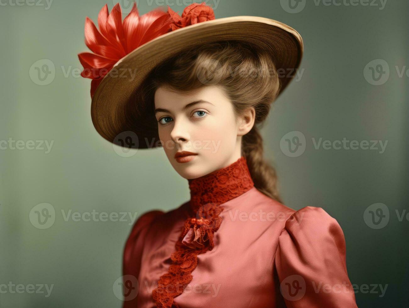 un colorato vecchio fotografia di un' donna a partire dal il presto 1900 ai generativo foto