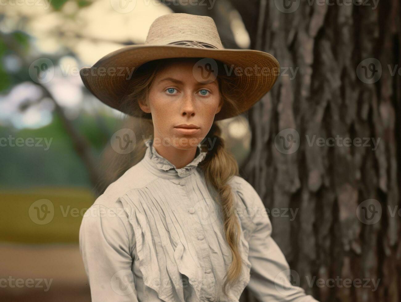 un colorato vecchio fotografia di un' donna a partire dal il presto 1900 ai generativo foto