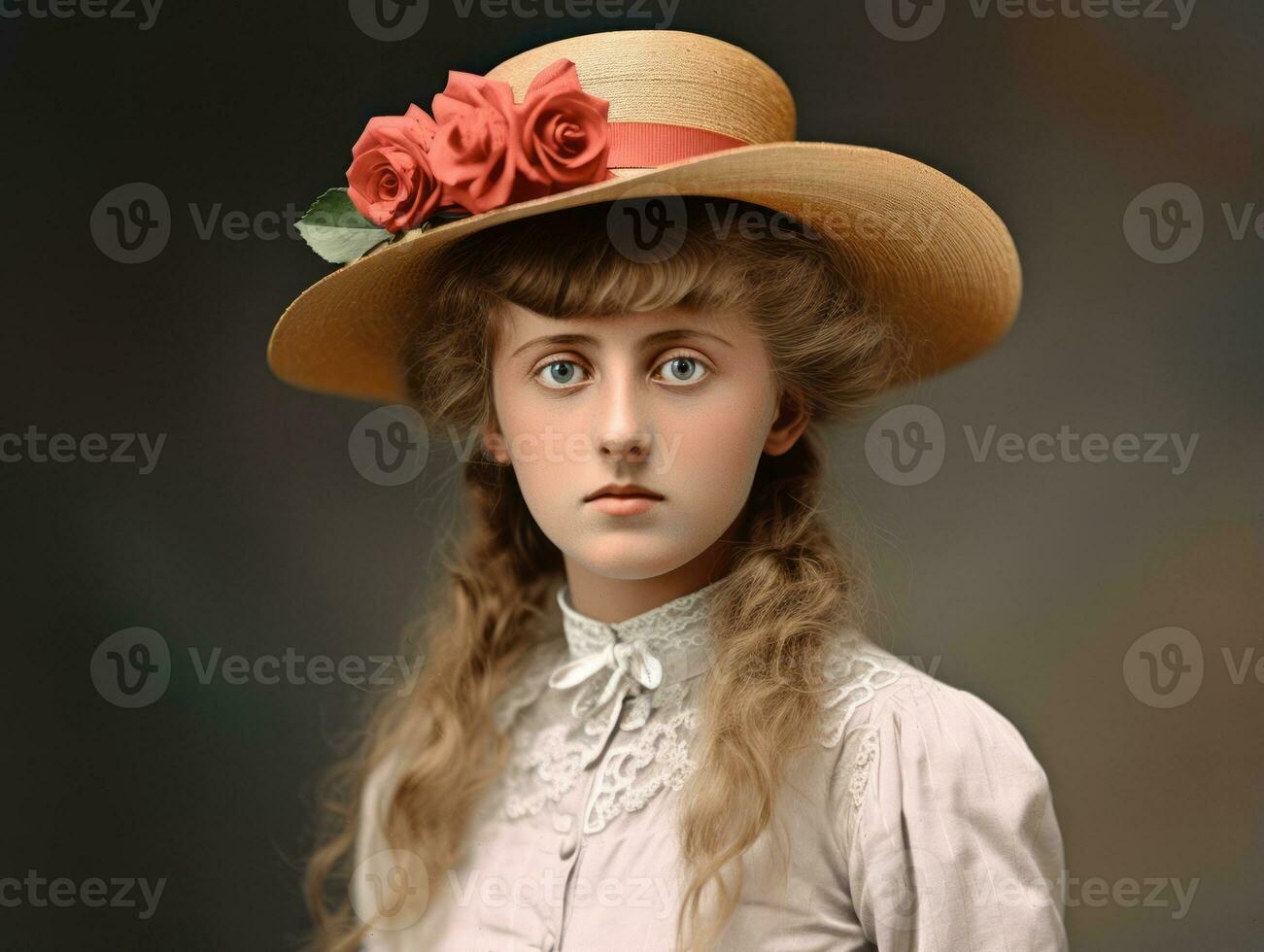 un colorato vecchio fotografia di un' donna a partire dal il presto 1900 ai generativo foto