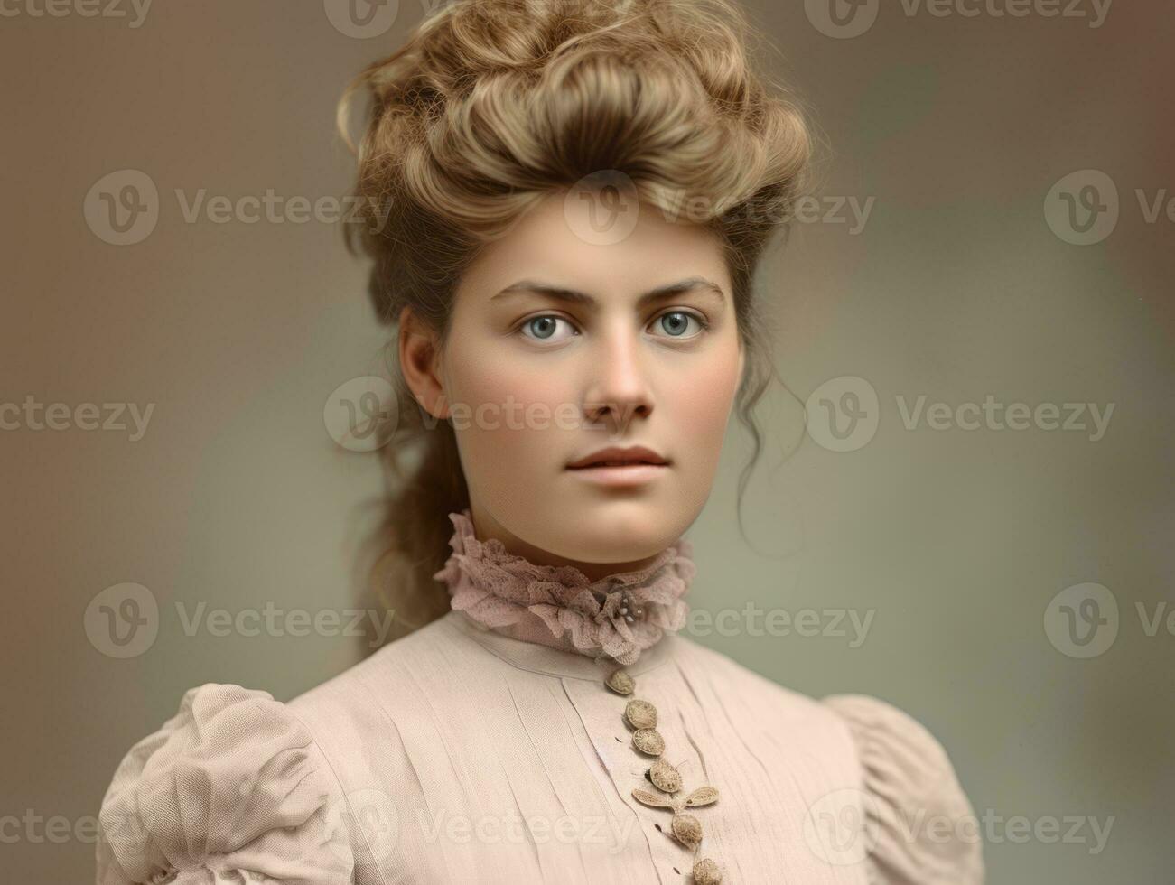 un colorato vecchio fotografia di un' donna a partire dal il presto 1900 ai generativo foto