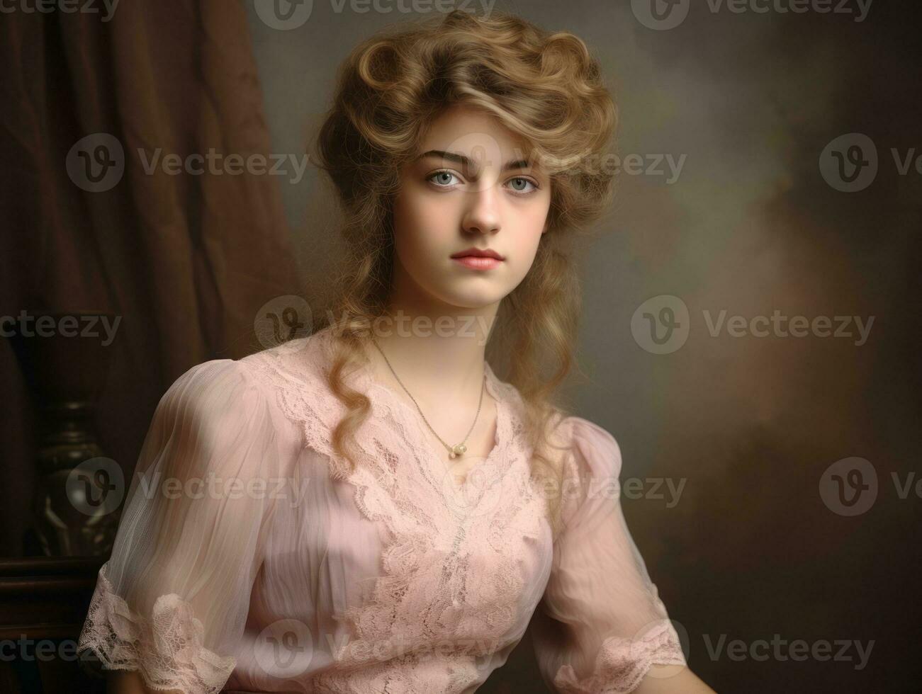 un colorato vecchio fotografia di un' donna a partire dal il presto 1900 ai generativo foto