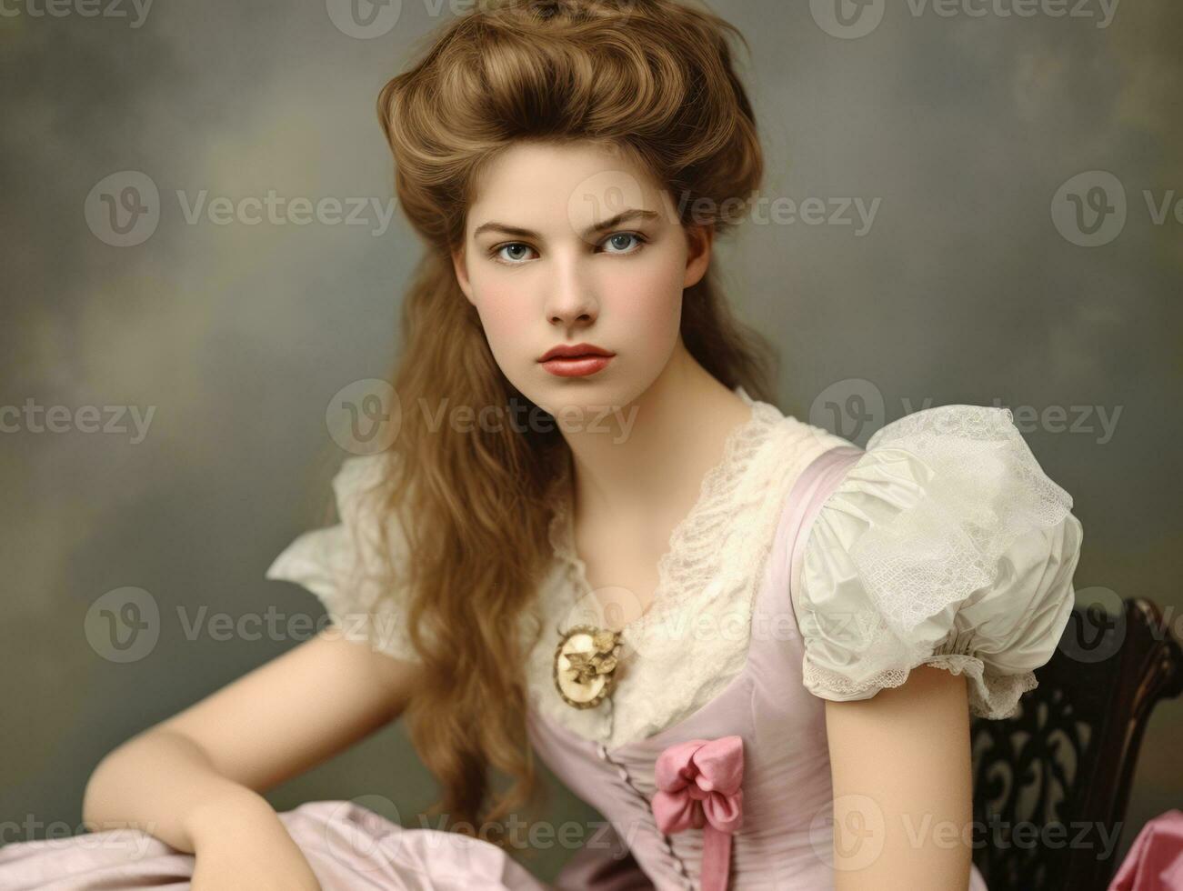 un colorato vecchio fotografia di un' donna a partire dal il presto 1900 ai generativo foto