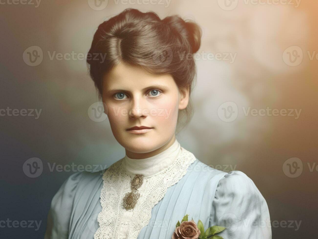 un colorato vecchio fotografia di un' donna a partire dal il presto 1900 ai generativo foto