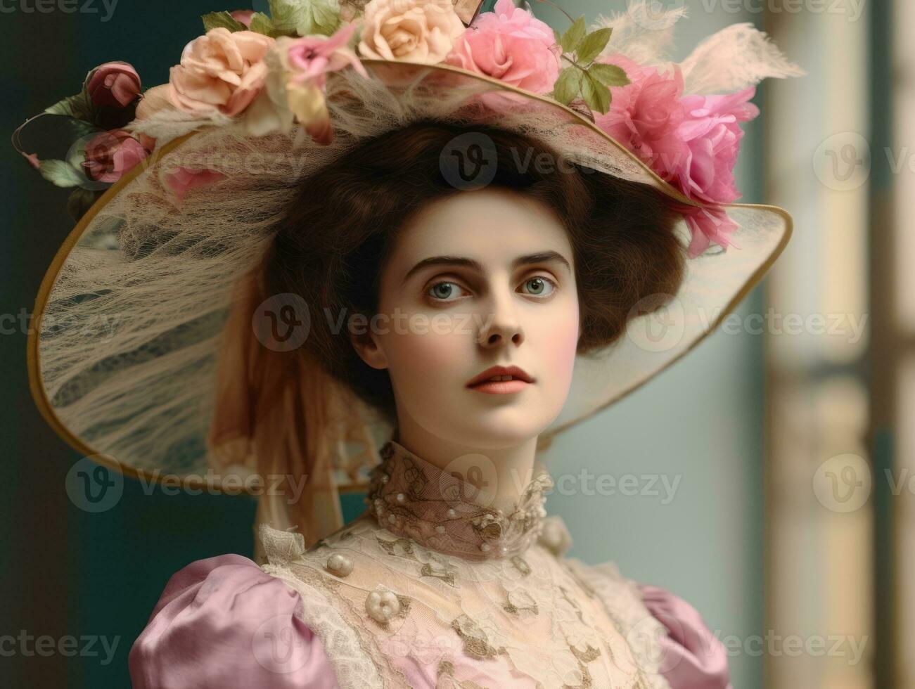 un colorato vecchio fotografia di un' donna a partire dal il presto 1900 ai generativo foto