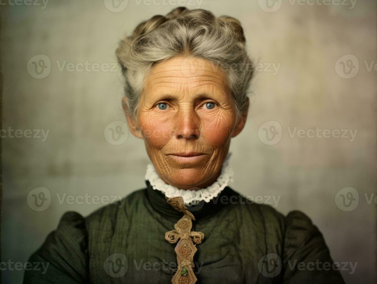 un colorato vecchio fotografia di un' donna a partire dal il presto 1900 ai generativo foto