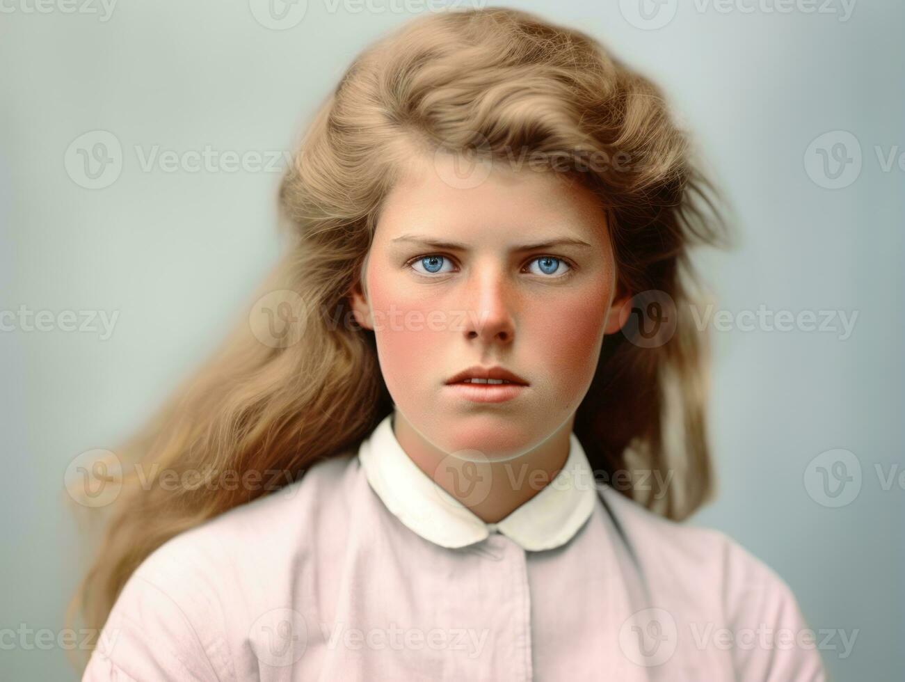 un colorato vecchio fotografia di un' donna a partire dal il presto 1900 ai generativo foto