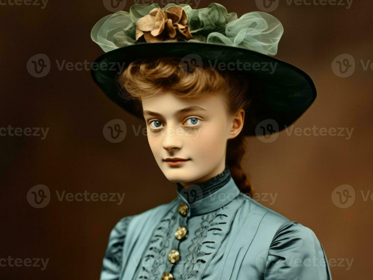 un colorato vecchio fotografia di un' donna a partire dal il presto 1900 ai generativo foto