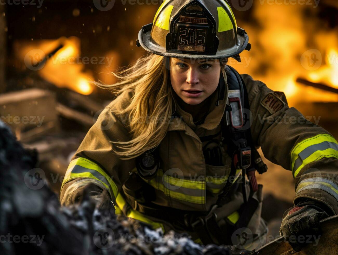 femmina pompiere coraggiosamente battaglie il fuoco ai generativo foto