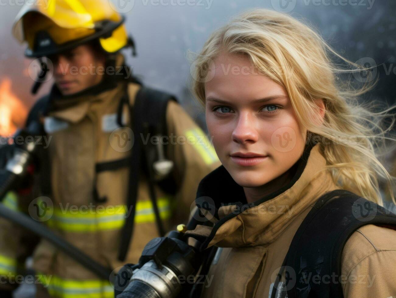 femmina pompiere coraggiosamente battaglie il fuoco ai generativo foto