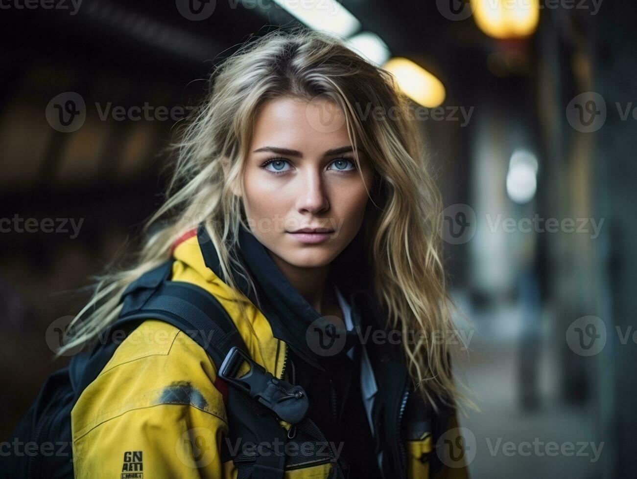 femmina pompiere coraggiosamente battaglie il fuoco ai generativo foto