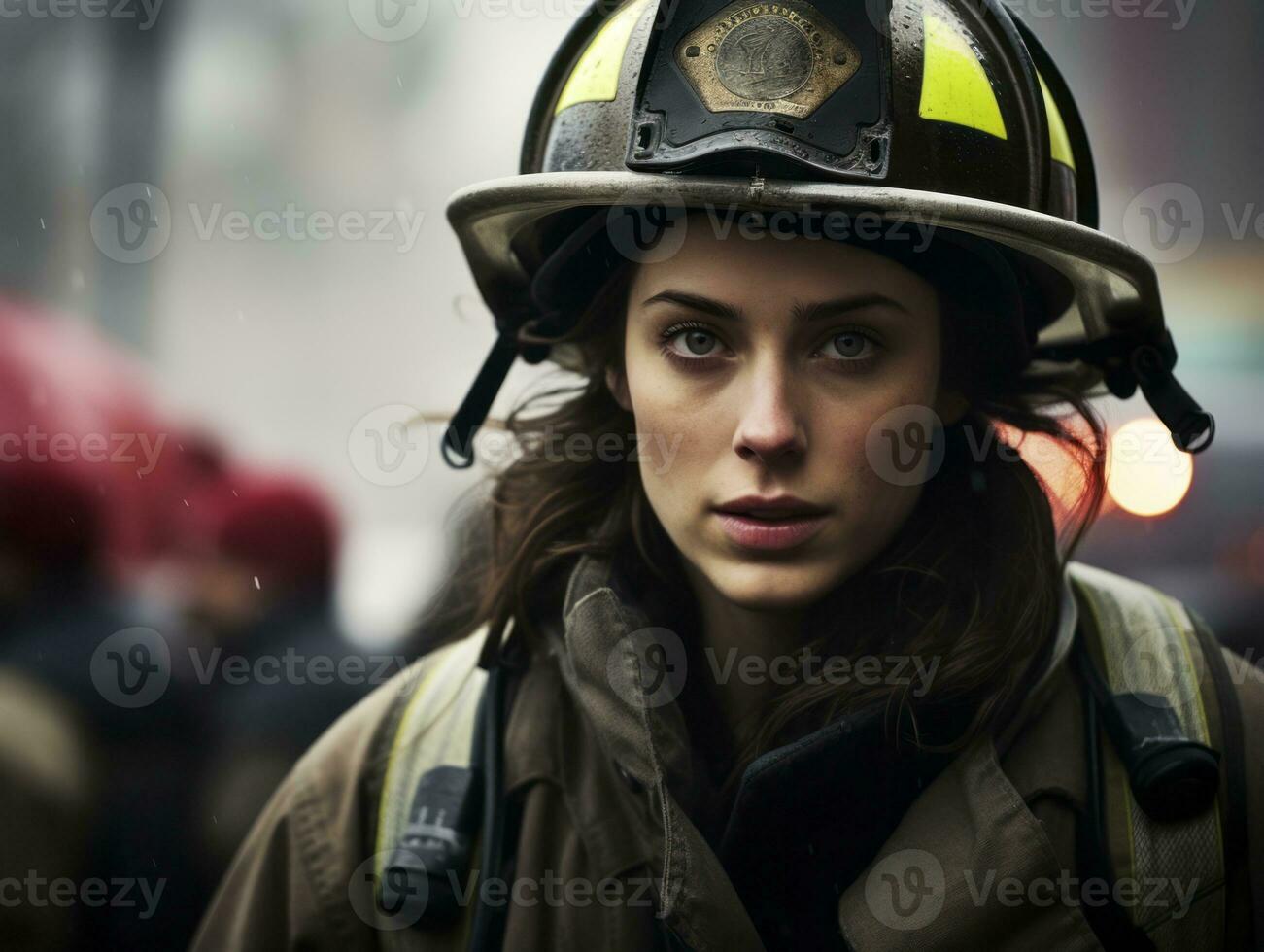 femmina pompiere coraggiosamente battaglie il fuoco ai generativo foto