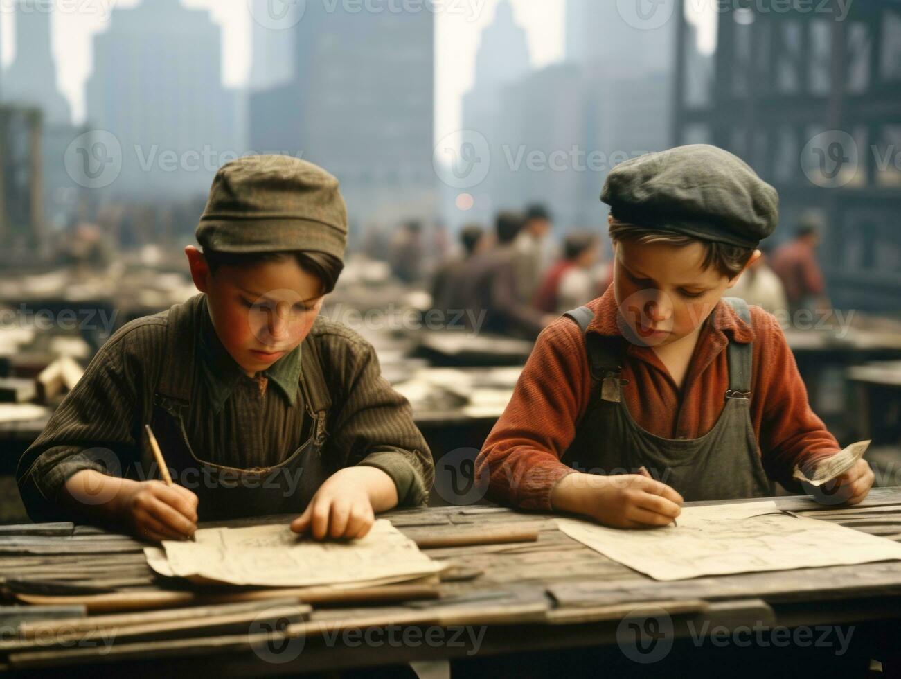 storico colorato foto di un' bambini quotidiano opera nel il 1900 ai generativo