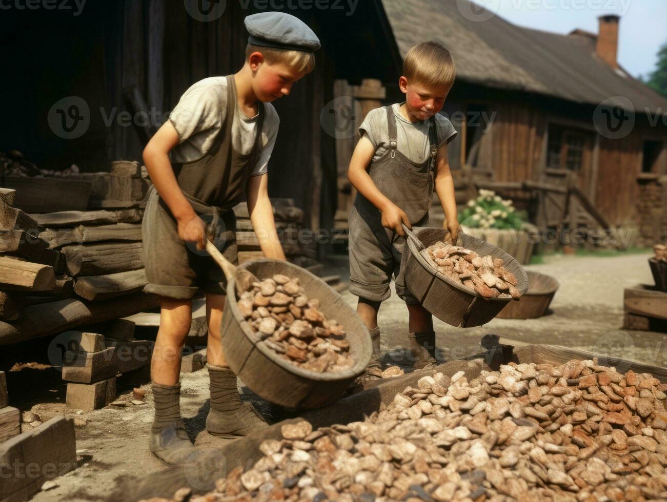 storico colorato foto di un' bambini quotidiano opera nel il 1900 ai generativo