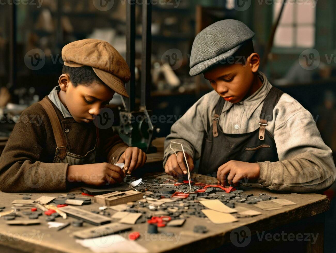 storico colorato foto di un' bambini quotidiano opera nel il 1900 ai generativo