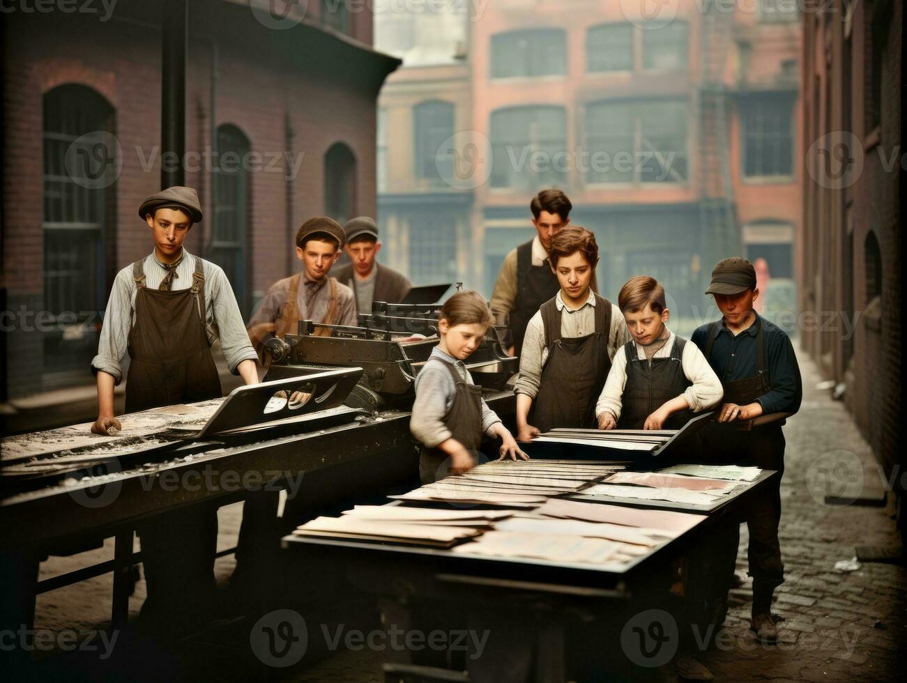 storico colorato foto di un' bambini quotidiano opera nel il 1900 ai generativo