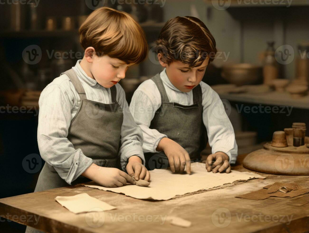 storico colorato foto di un' bambini quotidiano opera nel il 1900 ai generativo