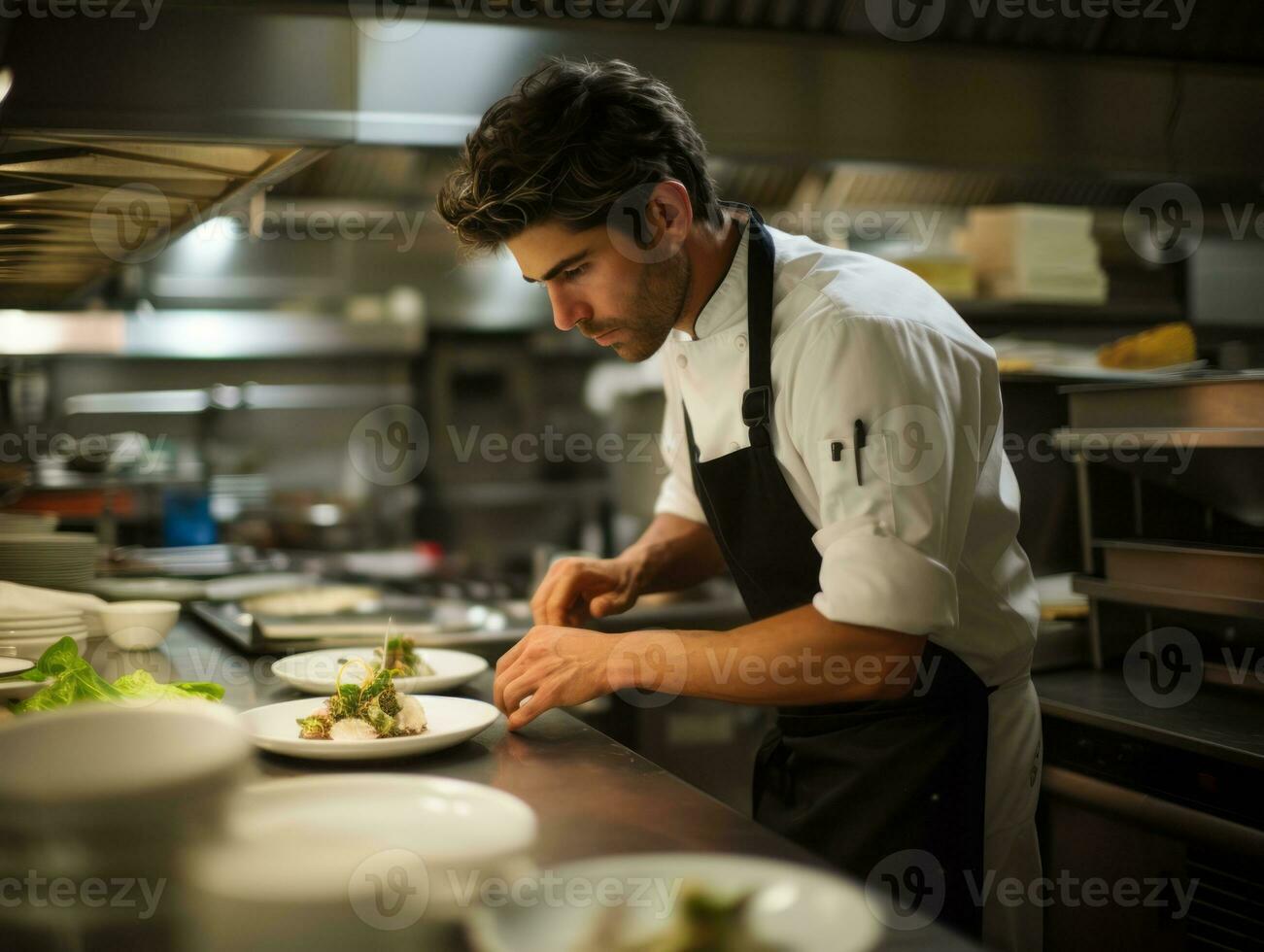 maschio capocuoco crea culinario capolavori nel un' vivace cucina ai generativo foto