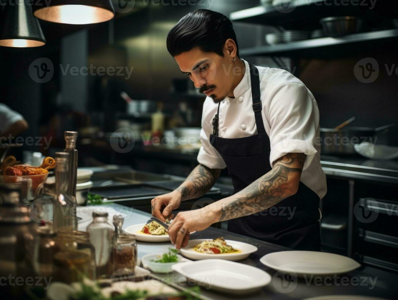 maschio capocuoco crea culinario capolavori nel un' vivace cucina ai generativo foto