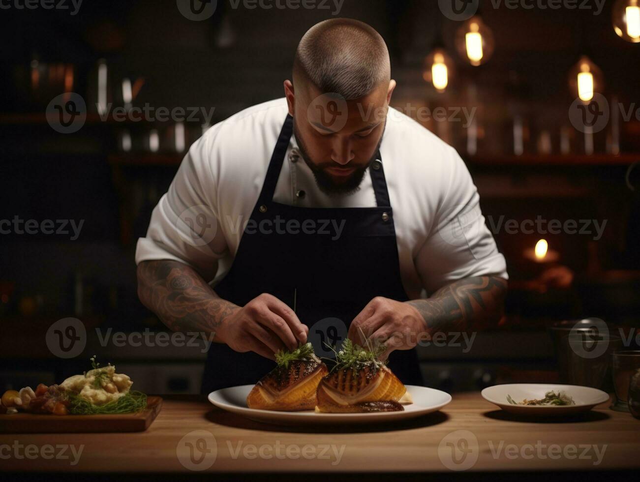 maschio capocuoco crea culinario capolavori nel un' vivace cucina ai generativo foto