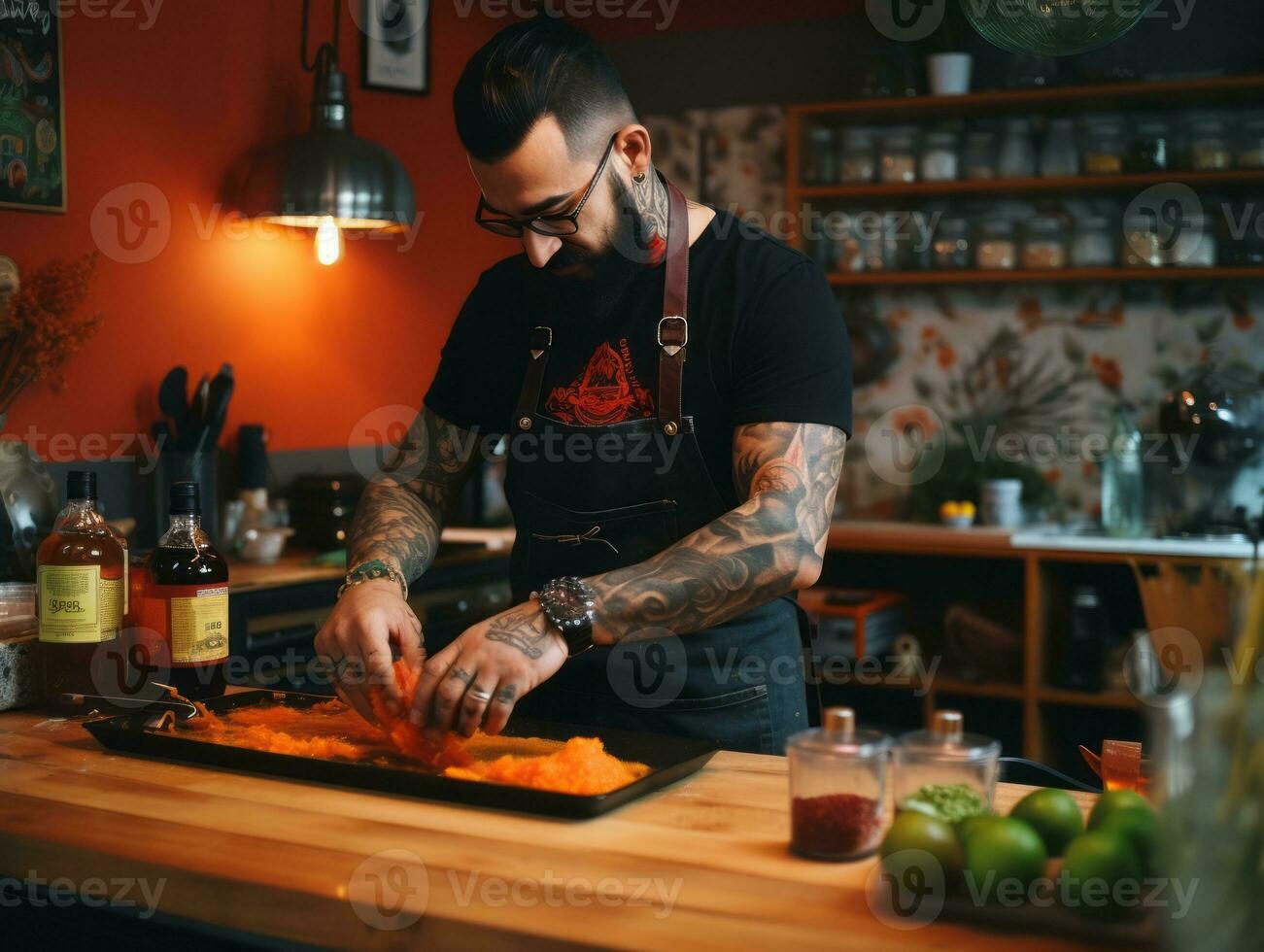 maschio capocuoco crea culinario capolavori nel un' vivace cucina ai generativo foto