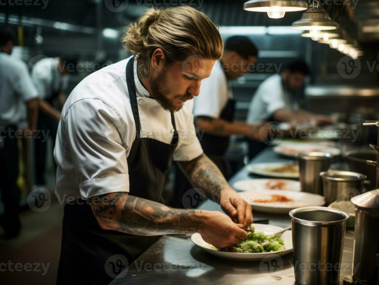 maschio capocuoco crea culinario capolavori nel un' vivace cucina ai generativo foto