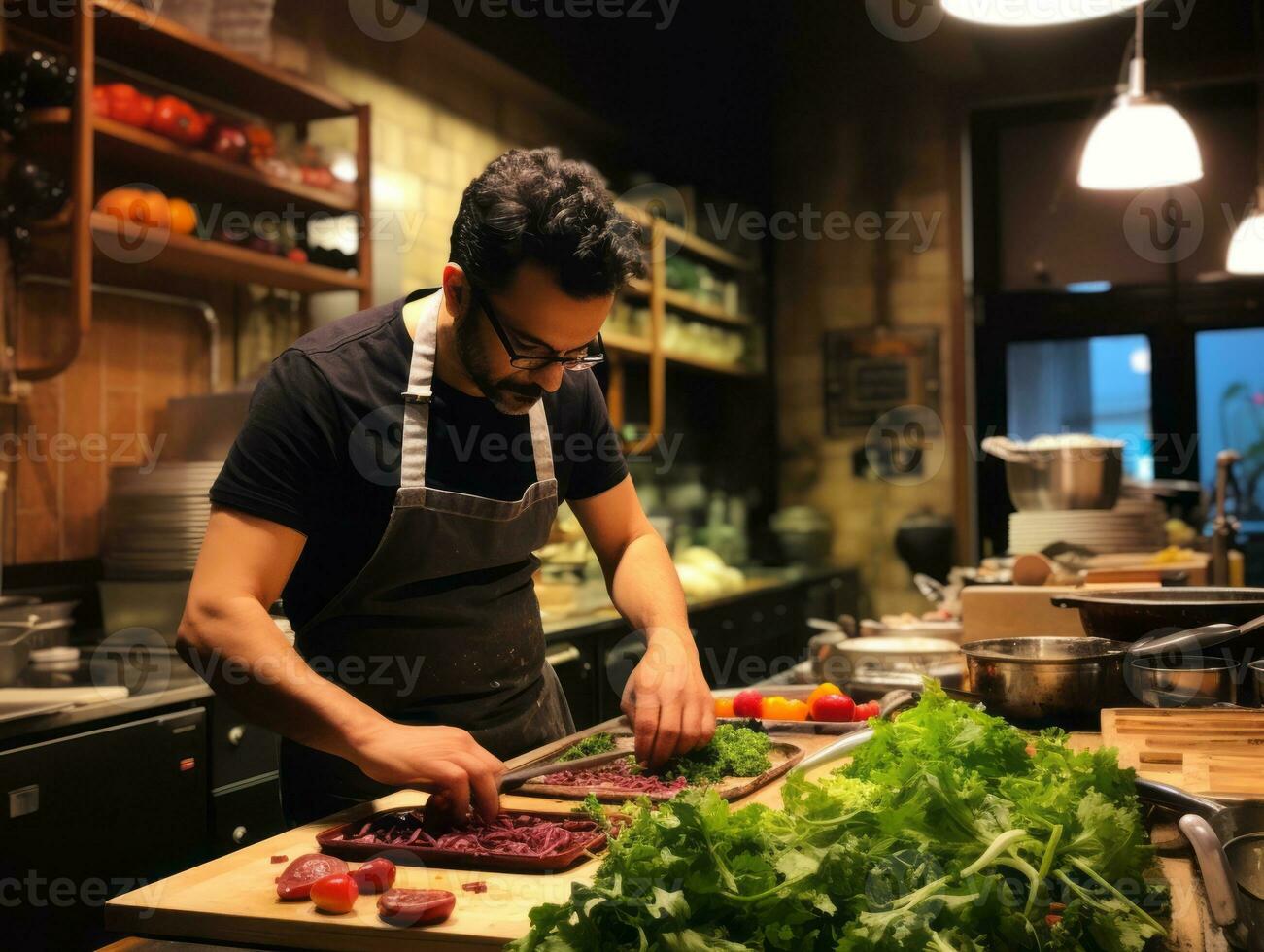 maschio capocuoco crea culinario capolavori nel un' vivace cucina ai generativo foto