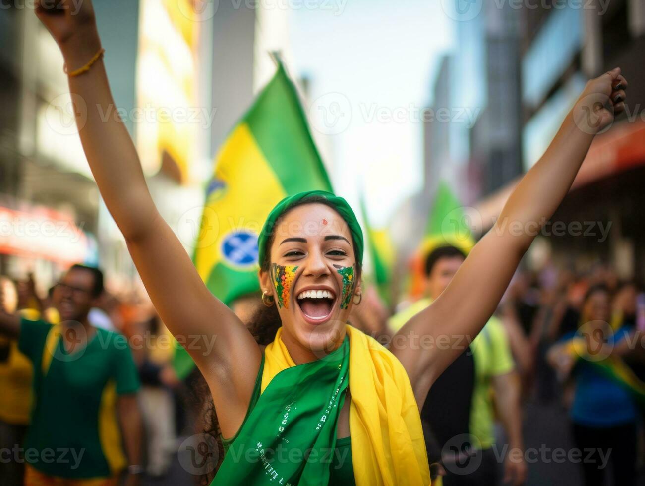 brasiliano donna celebra il suo calcio squadre vittoria ai generativo foto