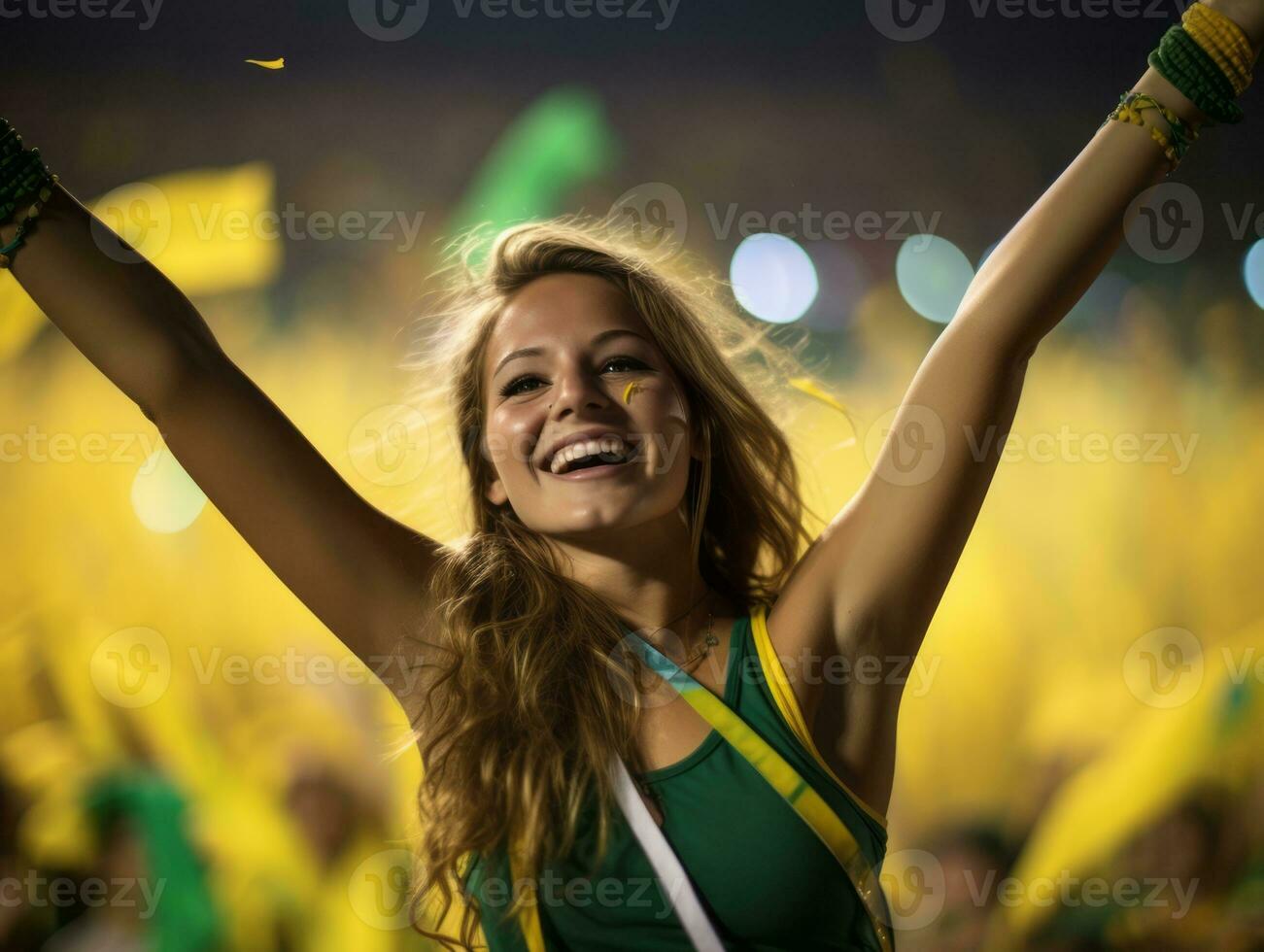 brasiliano donna celebra il suo calcio squadre vittoria ai generativo foto