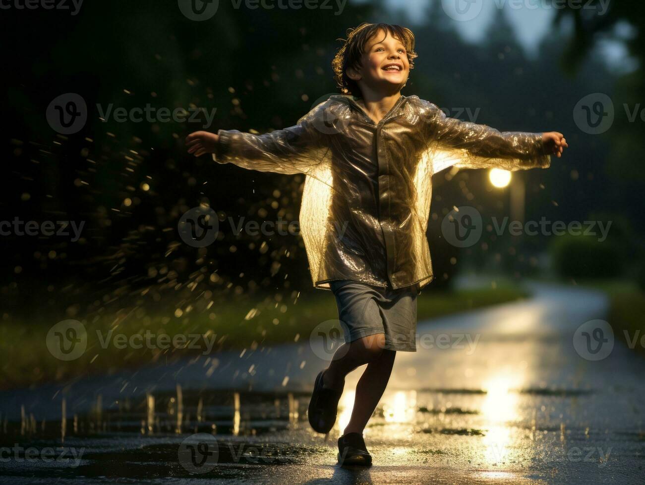 spensierato bambino con gioia balli nel il rinfrescante pioggia ai generativo foto