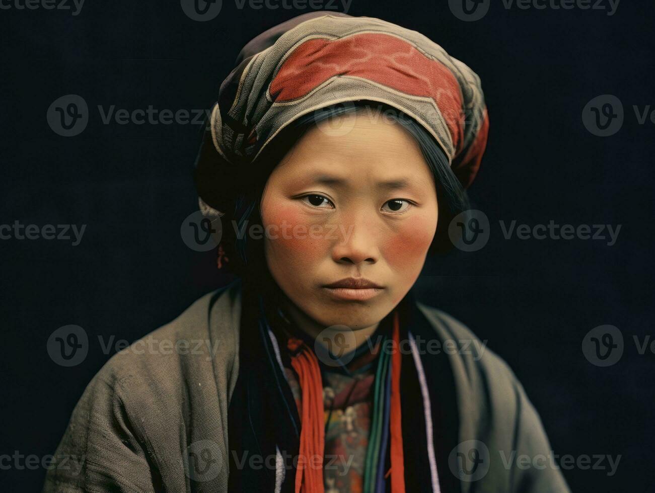 un vecchio colorato fotografia di un' asiatico donna a partire dal il presto 1900 ai generativo foto