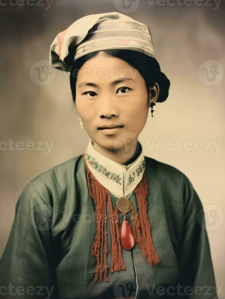 un vecchio colorato fotografia di un' asiatico donna a partire dal il presto 1900 ai generativo foto