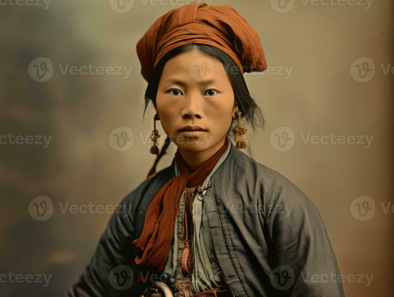 un vecchio colorato fotografia di un' asiatico donna a partire dal il presto 1900 ai generativo foto