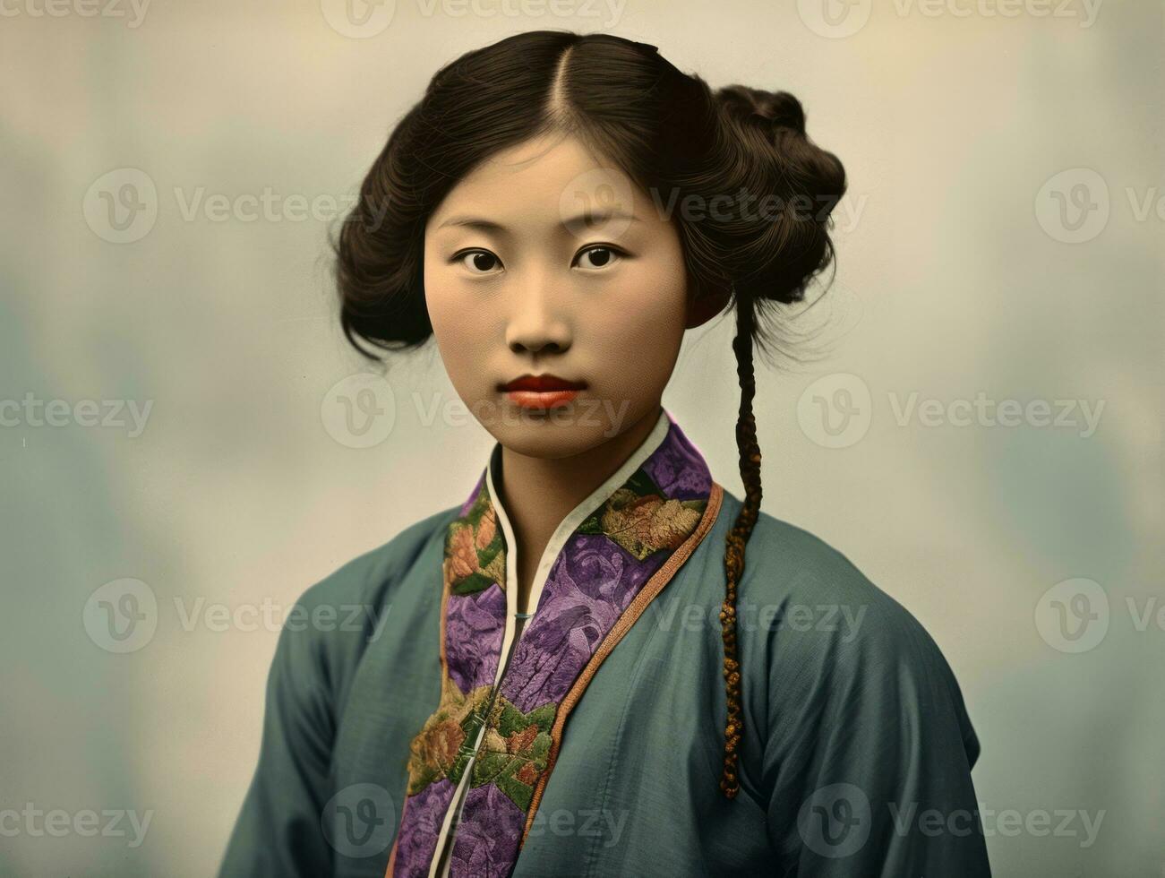 un vecchio colorato fotografia di un' asiatico donna a partire dal il presto 1900 ai generativo foto