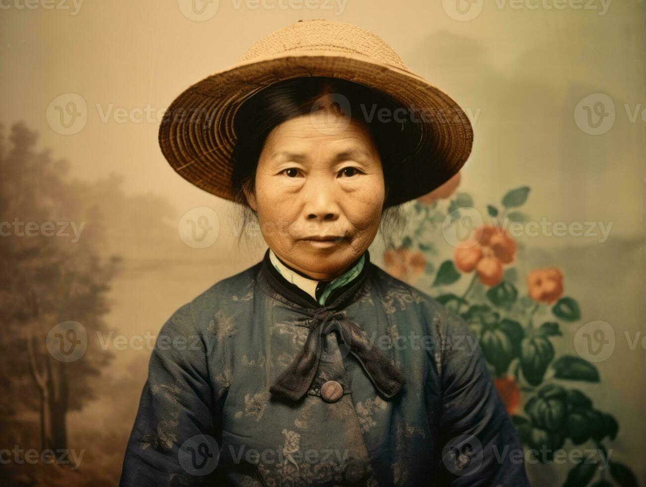 un vecchio colorato fotografia di un' asiatico donna a partire dal il presto 1900 ai generativo foto