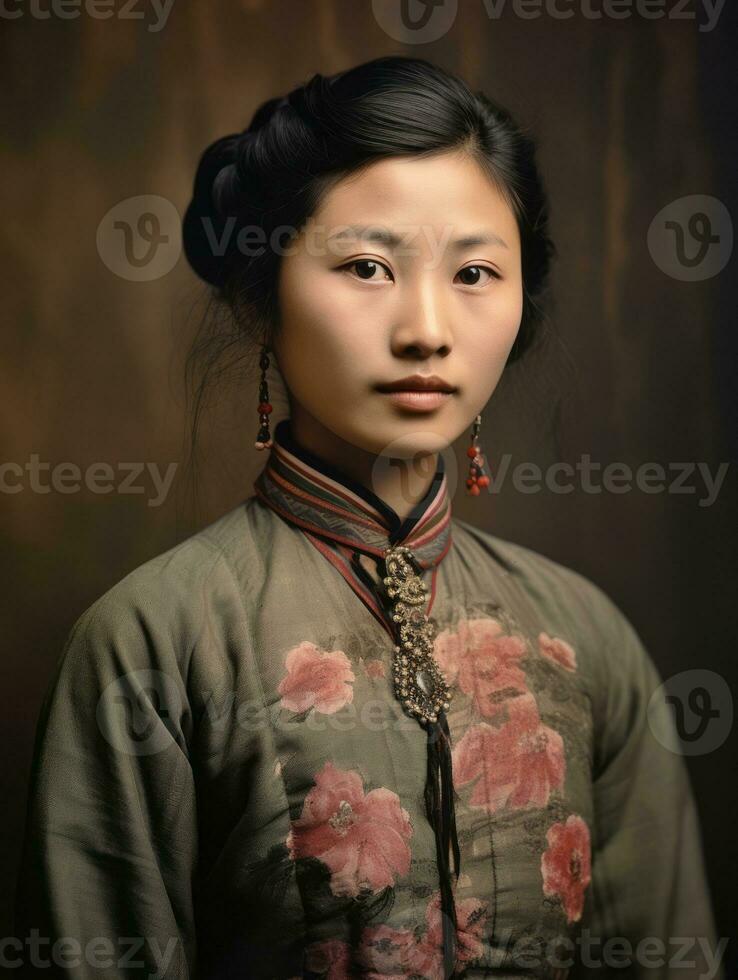 un vecchio colorato fotografia di un' asiatico donna a partire dal il presto 1900 ai generativo foto