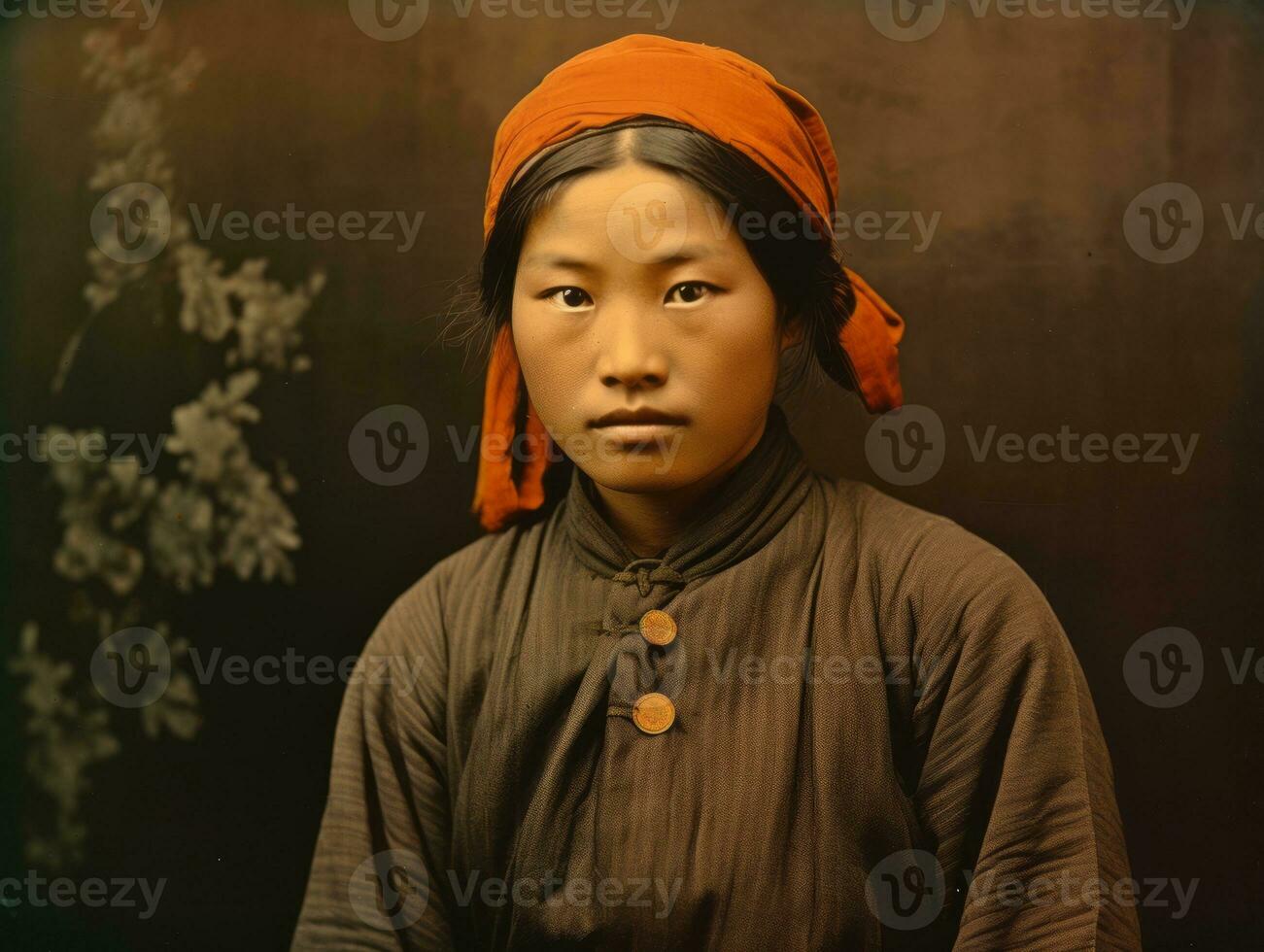 un vecchio colorato fotografia di un' asiatico donna a partire dal il presto 1900 ai generativo foto