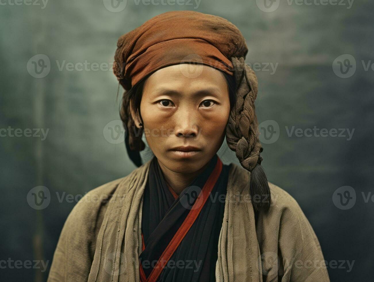 un vecchio colorato fotografia di un' asiatico donna a partire dal il presto 1900 ai generativo foto