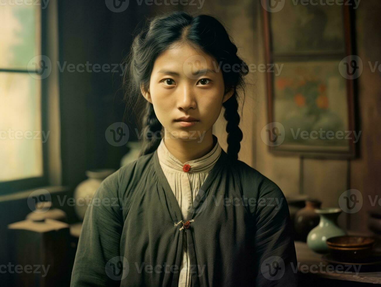 un vecchio colorato fotografia di un' asiatico donna a partire dal il presto 1900 ai generativo foto