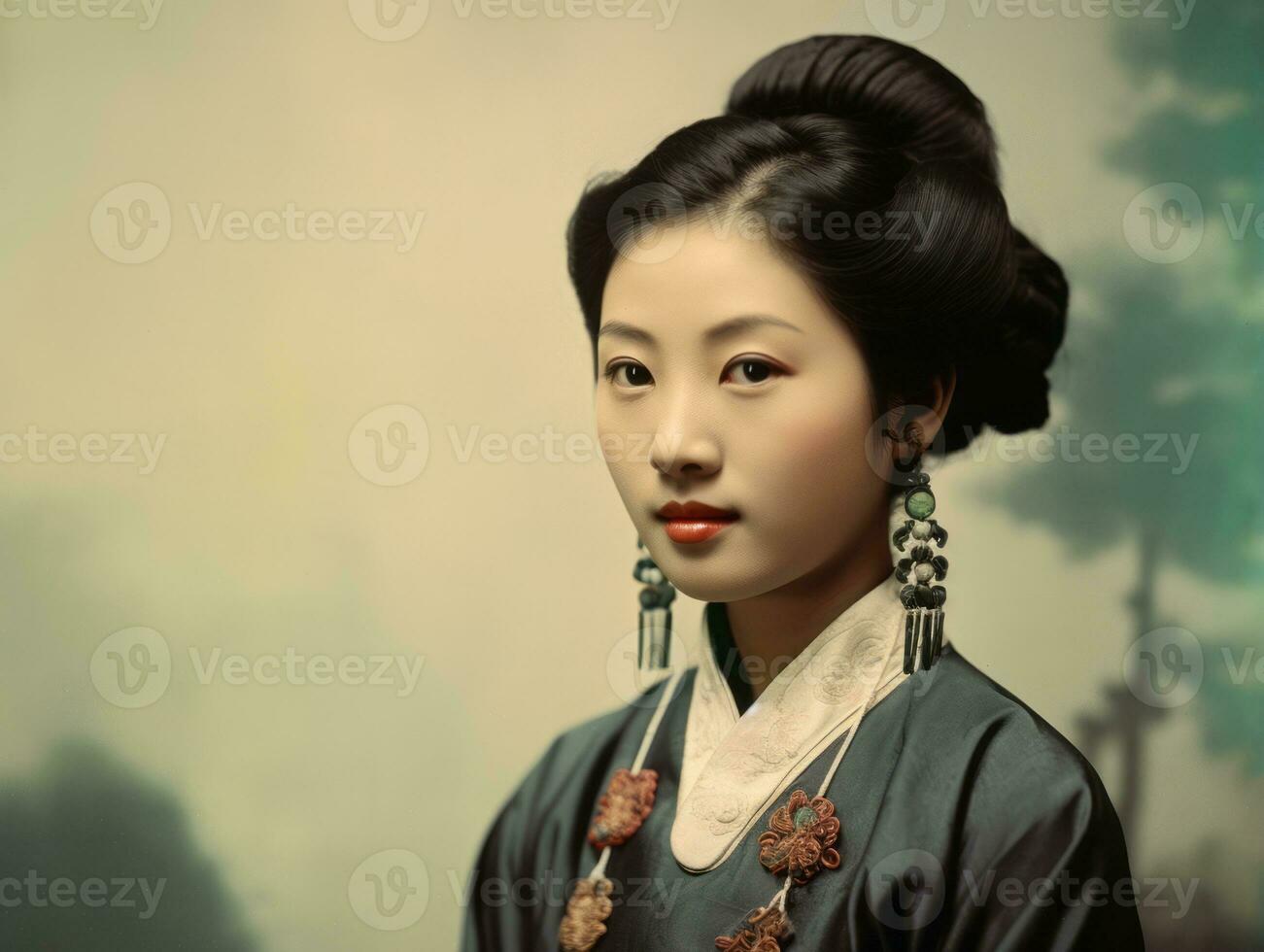 un vecchio colorato fotografia di un' asiatico donna a partire dal il presto 1900 ai generativo foto