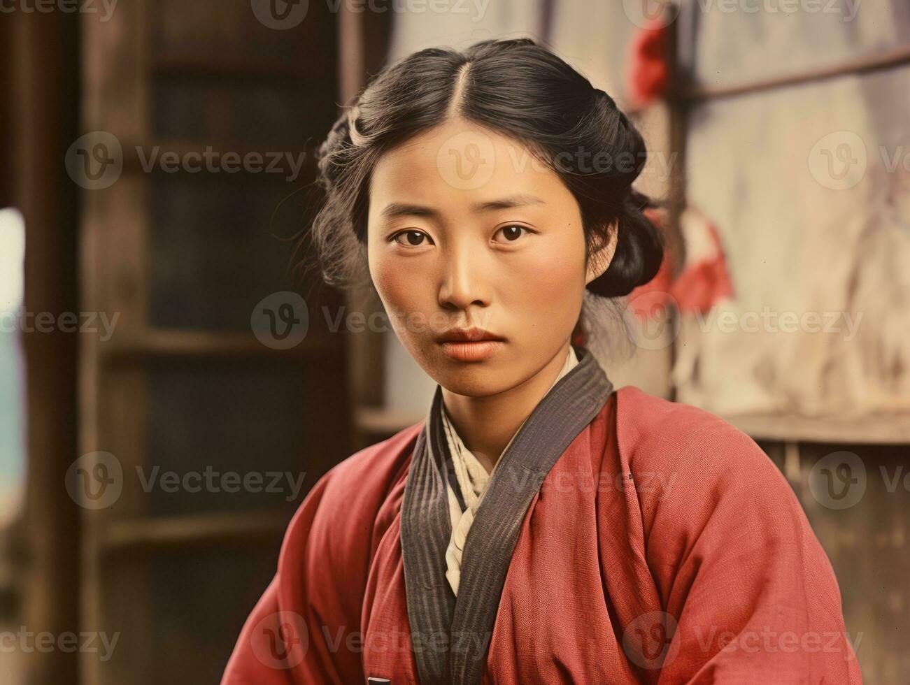 un vecchio colorato fotografia di un' asiatico donna a partire dal il presto 1900 ai generativo foto