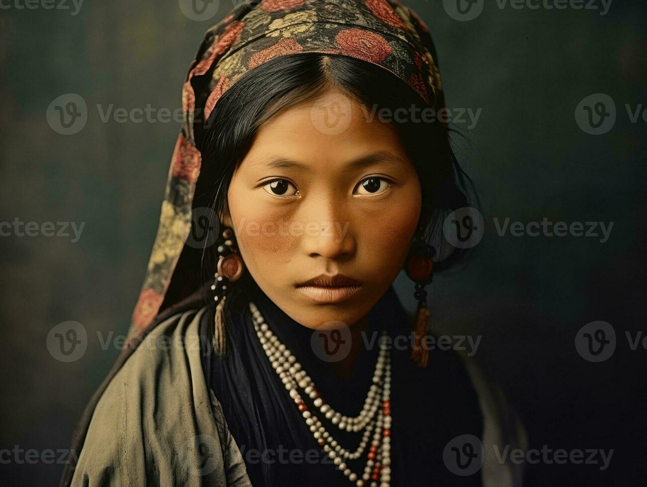 un vecchio colorato fotografia di un' asiatico donna a partire dal il presto 1900 ai generativo foto