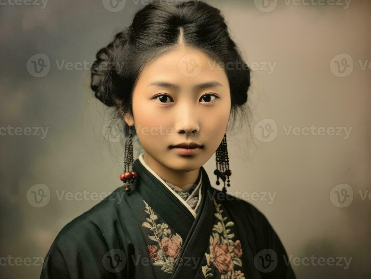 un vecchio colorato fotografia di un' asiatico donna a partire dal il presto 1900 ai generativo foto