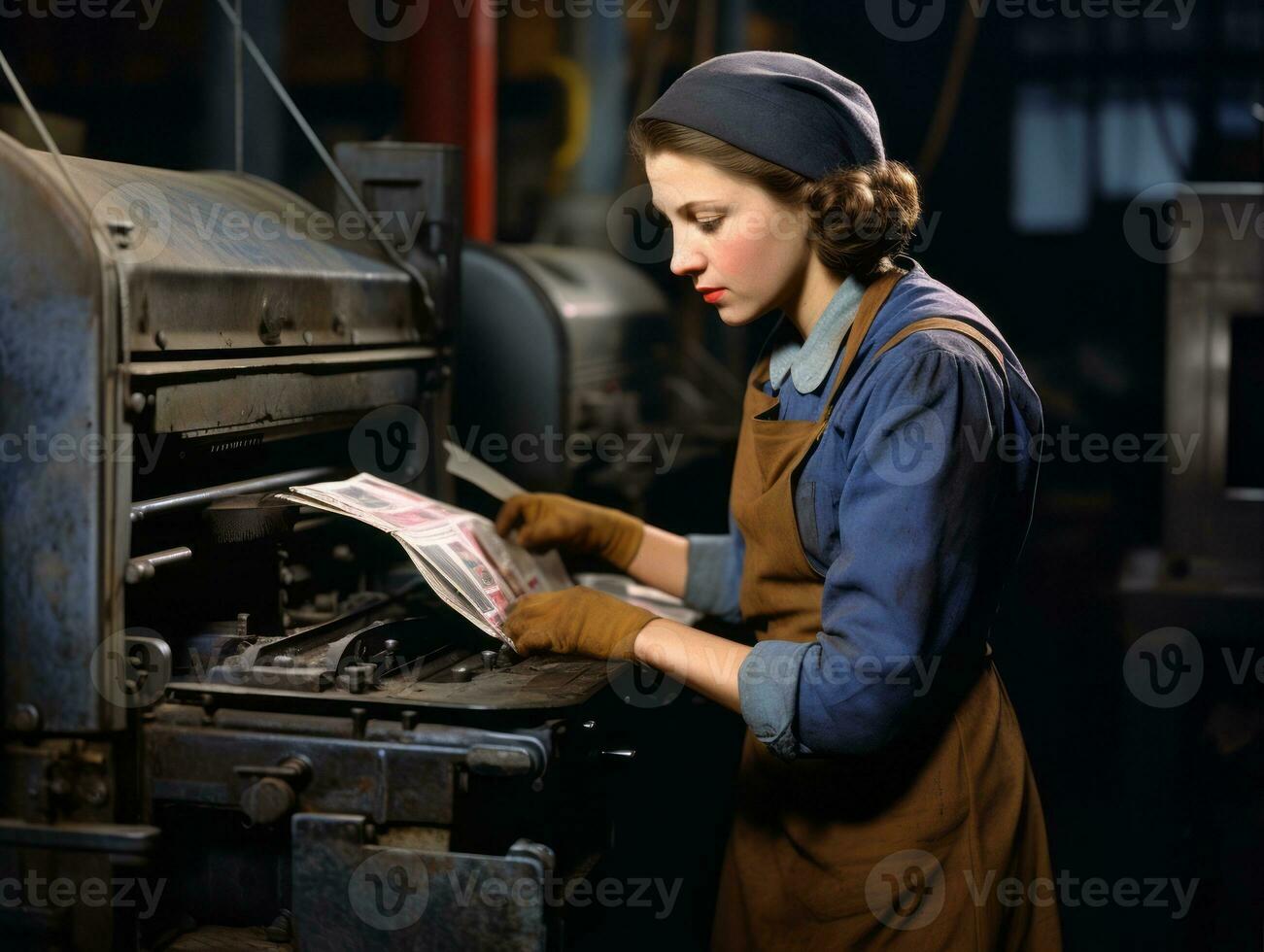 storico colorato foto di un' womans quotidiano opera nel il passato ai generativo